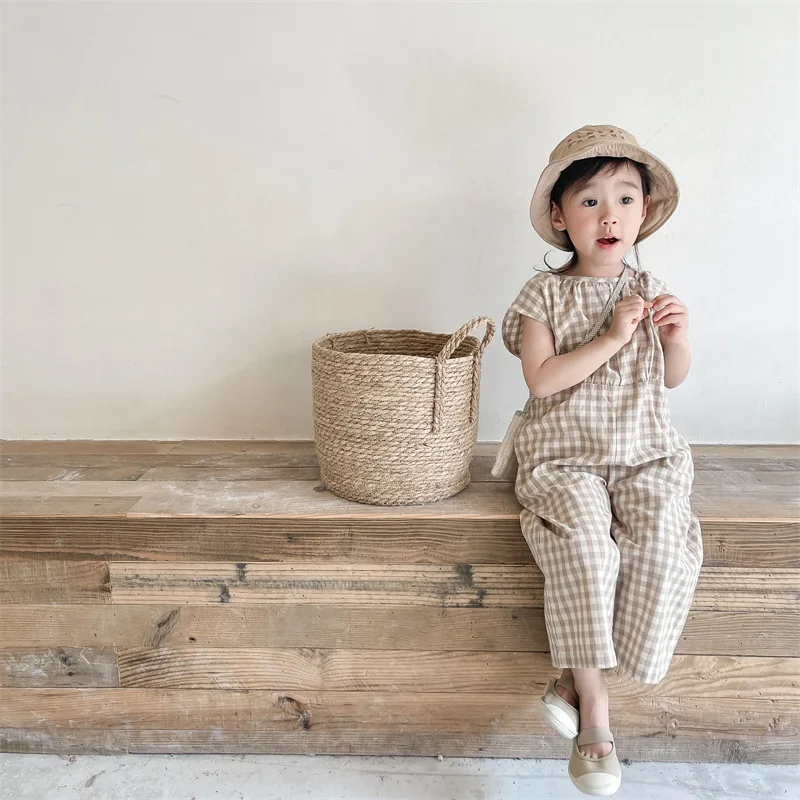Baby Summer Linen Sleeveless Jumpsuit - Клетчатые комбинезоны для маленьких девочек, детский